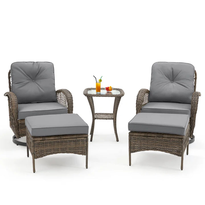 5-Piece Outdoor Patio Furniture Set with Swivel Rocking Chairs, Ottomans and Glass Coffee Table