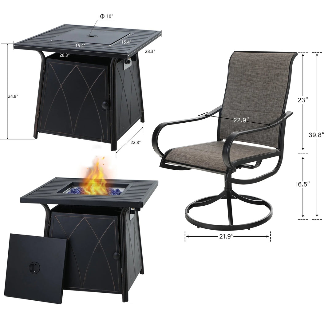 5-Piece Outdoor Patio Furniture Set with 50,000 BTU Fire Pit Table and 4 High-Back Swivel Chairs