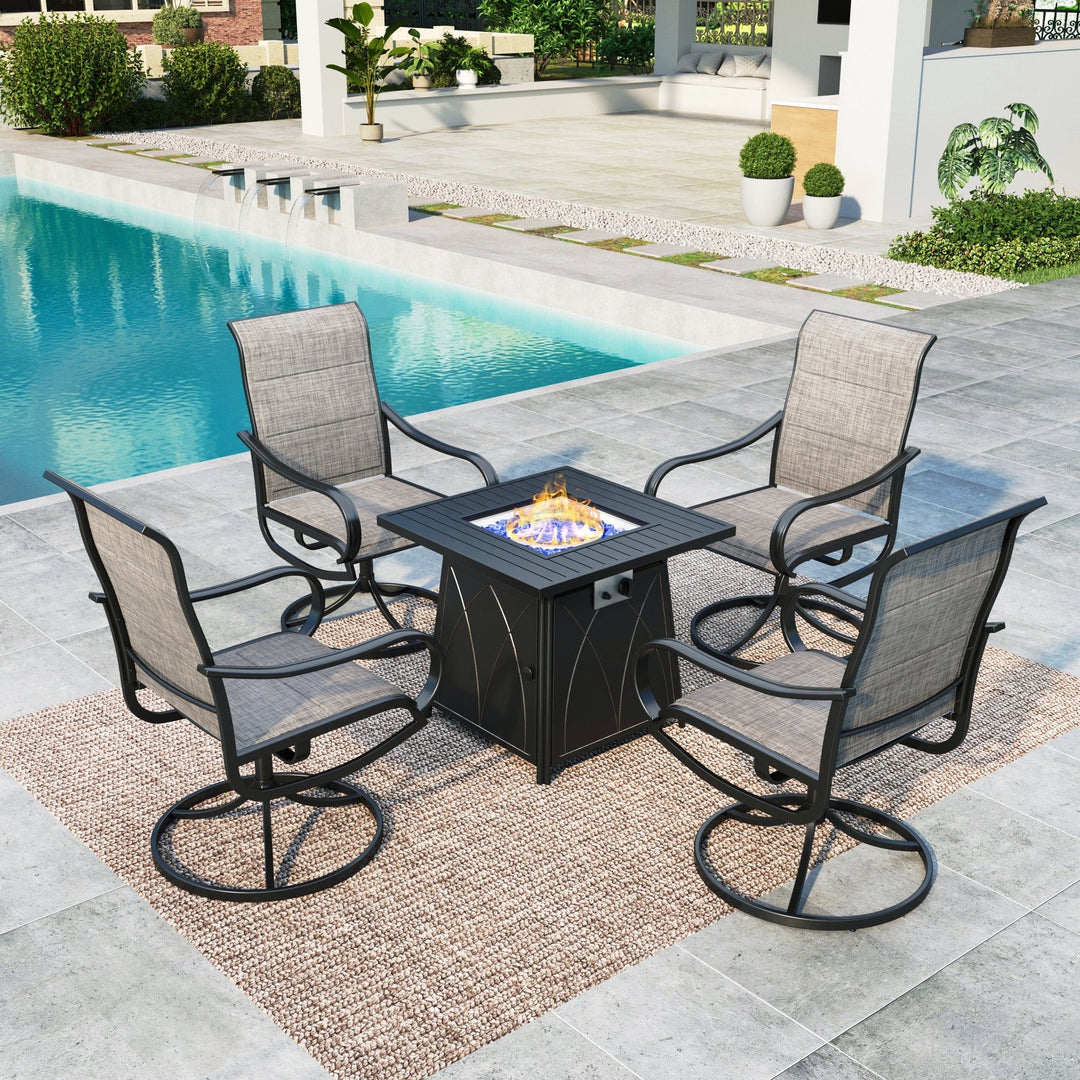 5-Piece Outdoor Patio Furniture Set with 50,000 BTU Fire Pit Table and 4 High-Back Swivel Chairs