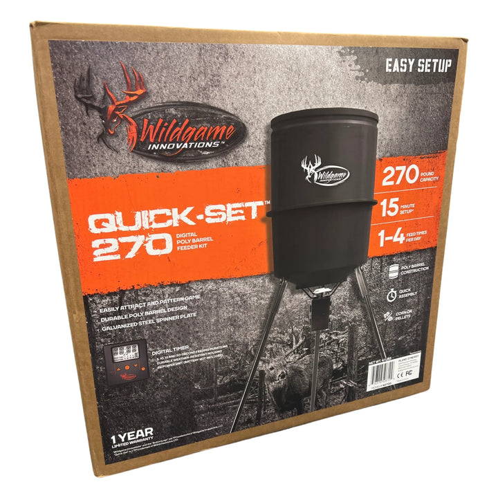 Quick-Set 270 Lb Game Feeder with Digital Timer | Durable Tripod Corn/Pellet Hunting Feeder with 1-4 Available Feed Times &amp; 30-Feet Radius