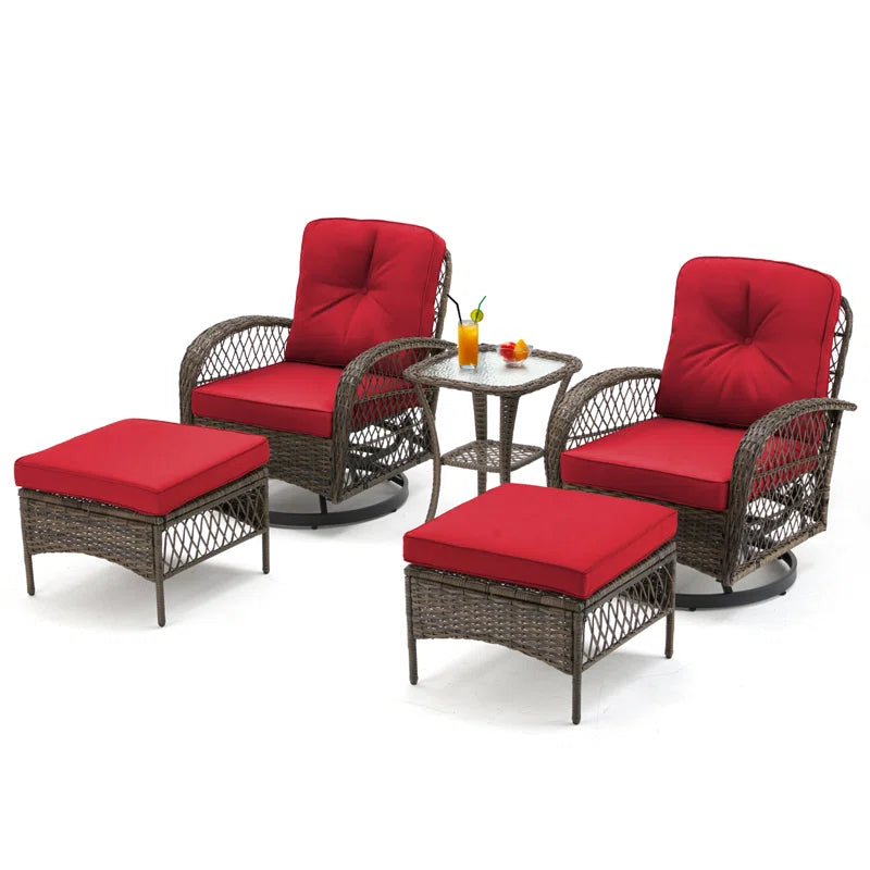 5-Piece Outdoor Patio Furniture Set with Swivel Rocking Chairs, Ottomans and Glass Coffee Table