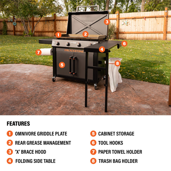 36In Culinary Cabinet Omnivore Griddle with Folding Prep Table 4 -Burner Liquid Propane Flat Top Grill