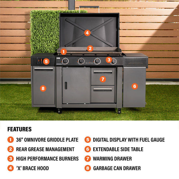 36" Culinary Deluxe Omnivore Griddle with Extended Side Table 4 -Burner Liquid Propane Flat Top Grill