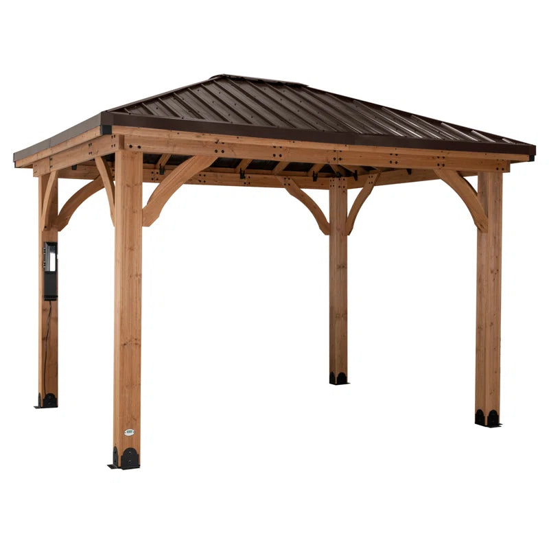 Barrington 12' X 10' Cedar Wood Outdoor Patio Gazebo with Hardtop Galvanized Steel Hip Roof and Powerport
