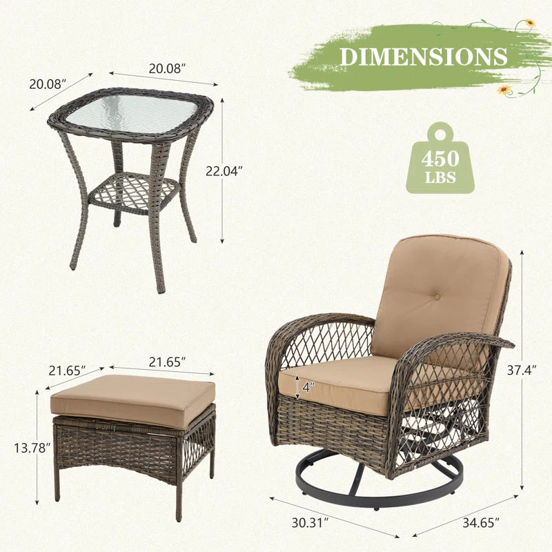 5-Piece Outdoor Patio Furniture Set with Swivel Rocking Chairs, Ottomans and Glass Coffee Table