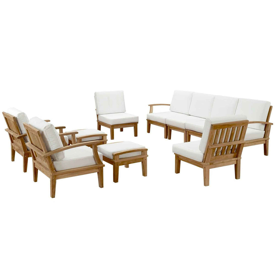 Modway Marina Outdoor Teak Patio Set with White Cushions – 10-Piece Collection