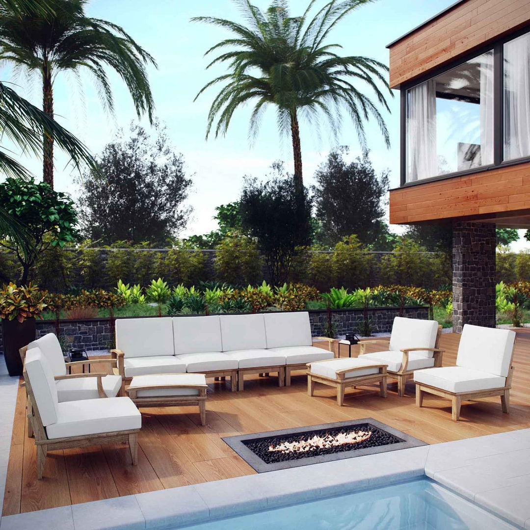 Modway Marina Outdoor Teak Patio Set with White Cushions – 10-Piece Collection