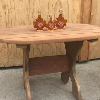 Maple syrup on wood side table