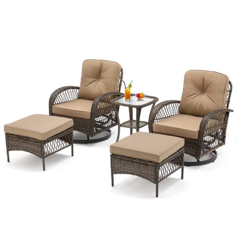 5-Piece Outdoor Patio Furniture Set with Swivel Rocking Chairs, Ottomans and Glass Coffee Table