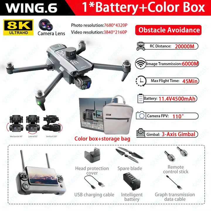 2025 New Wing 6 Drone Professional Aerial Photography HD 8K with Screen Remote Control Aircraft 20 Kilometer Obstacle Avoidance