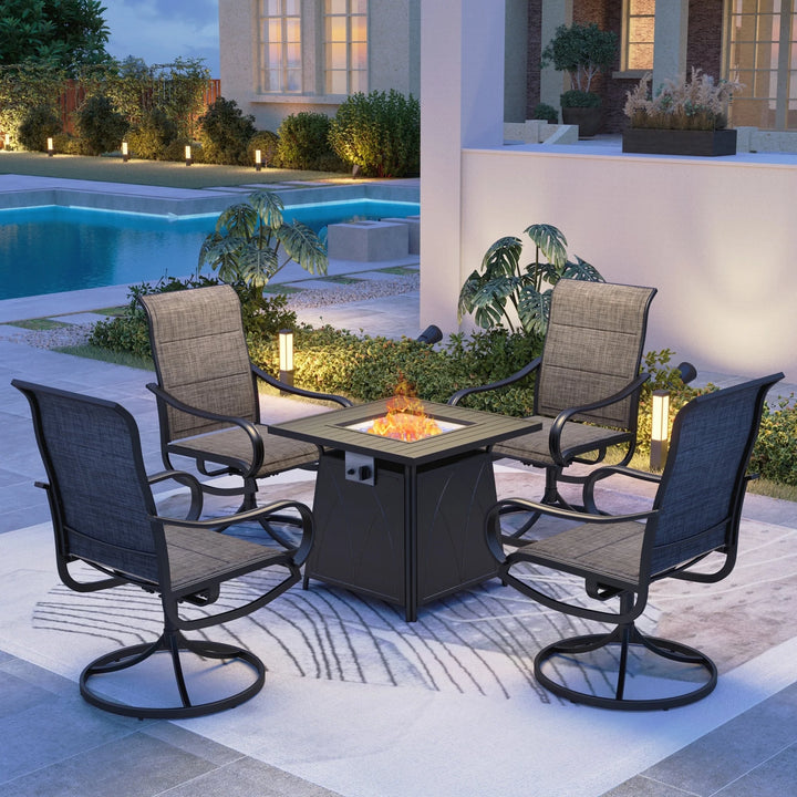 5-Piece Outdoor Patio Furniture Set with 50,000 BTU Fire Pit Table and 4 High-Back Swivel Chairs