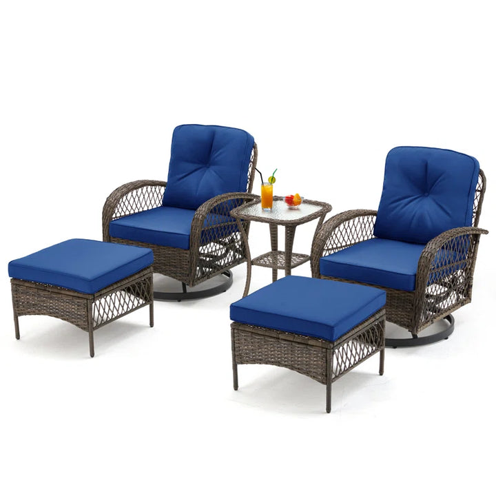 5-Piece Outdoor Patio Furniture Set with Swivel Rocking Chairs, Ottomans and Glass Coffee Table
