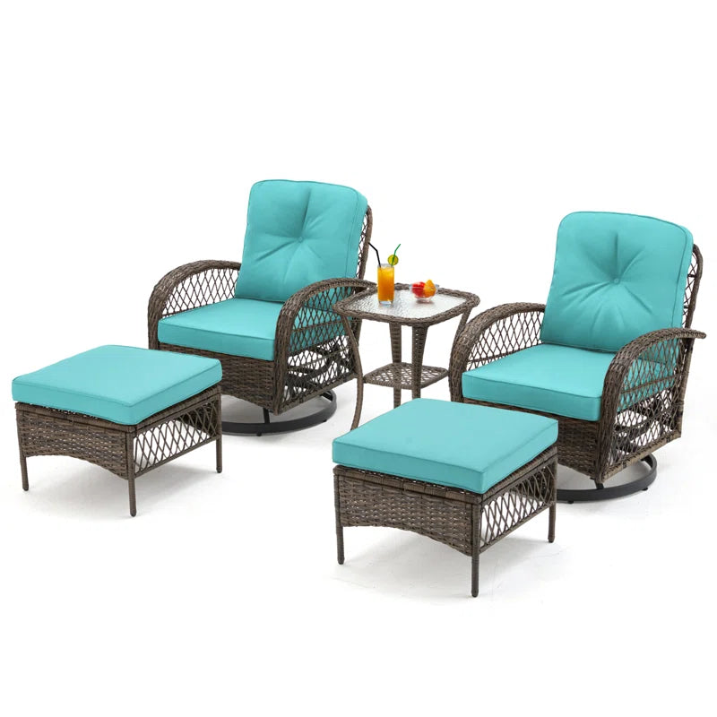 5-Piece Outdoor Patio Furniture Set with Swivel Rocking Chairs, Ottomans and Glass Coffee Table