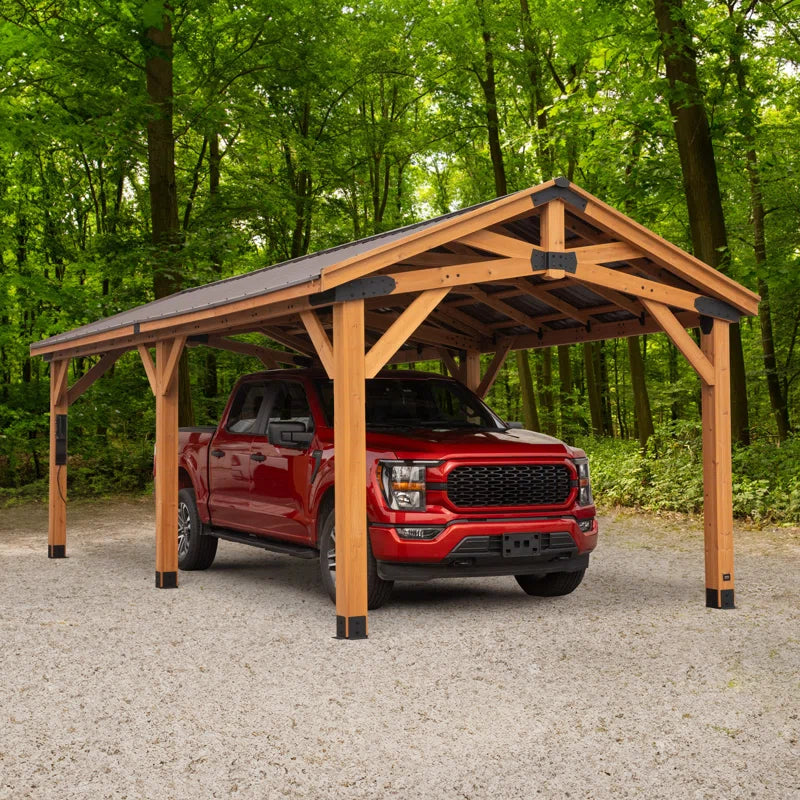 Norwood 24' X 12' Cedar Wood Outdoor Patio Gazebo with Hardtop Galvanized Steel Peak Roof and Powerport