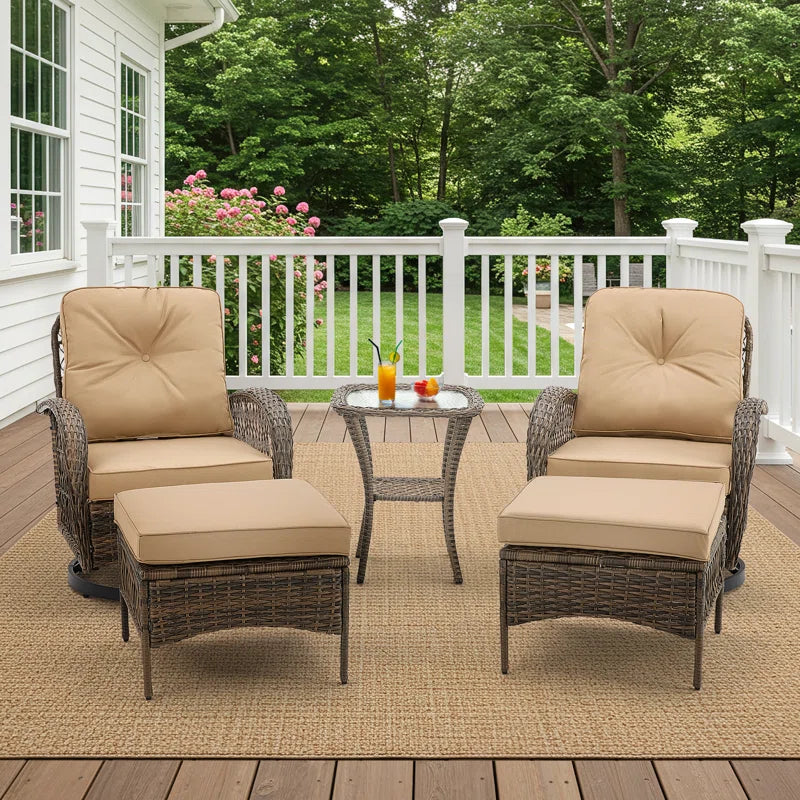 5-Piece Outdoor Patio Furniture Set with Swivel Rocking Chairs, Ottomans and Glass Coffee Table